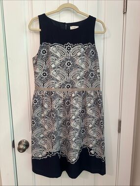 LOFT Navy and White Paisley Fit-and-Flare Midi Dress